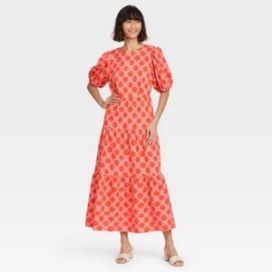 Who What Wear Coral and Red Polka Dot Puff-Sleeve Linen Blend Maxi Dress